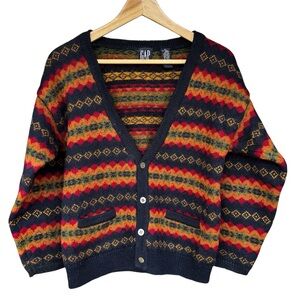 Vintage 90s Wool Cardigan Sweater Women’s Small Navy Red Grandpa Librarian